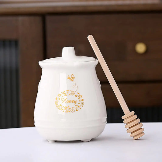 Ceramic Honey Jar with Wooden Honey Dipper
